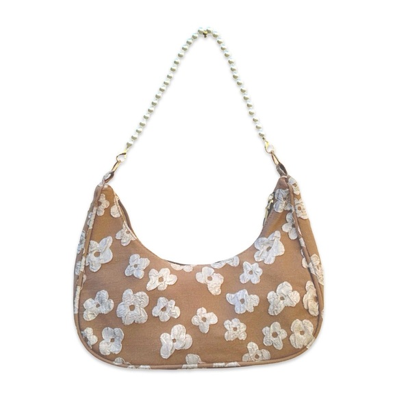 Tan & Cream Floral Print Shoulder Bag with Pearl Chain Strap | NWT | - Picture 1 of 11